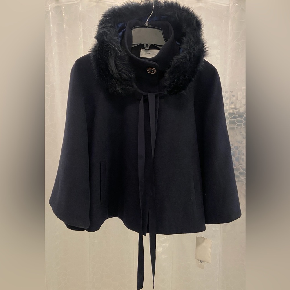Tahari Nadjia Blue Capelet Jacket Coat W Removable Faux Fur Collar